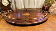 Antique Edwardian Mahogany & Fruitwood Inlay Serving Tray with Gallery 60cm