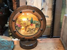 Vintage English Oak & Brass Boat Wheel Table Lamp Gingerbread Porcelain Centre  