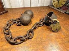 Vintage Ball & Chain Cast Iron Leg Irons with Antique Brass 4 Lever Padlock