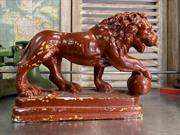 Antique c1920’s Art Deco Painted Chalkware Lion Figure on Plinth