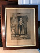 Antique Oak Framed English Victorian W. Dendy Sadler Etching His Favourite Bin