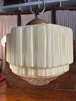 Vintage 1930s Art Deco Stepped Glass Light Shade & Diffuser + Brass Gallery