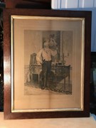 Antique Oak Framed English Victorian W. Dendy Sadler Etching His Favourite Glass