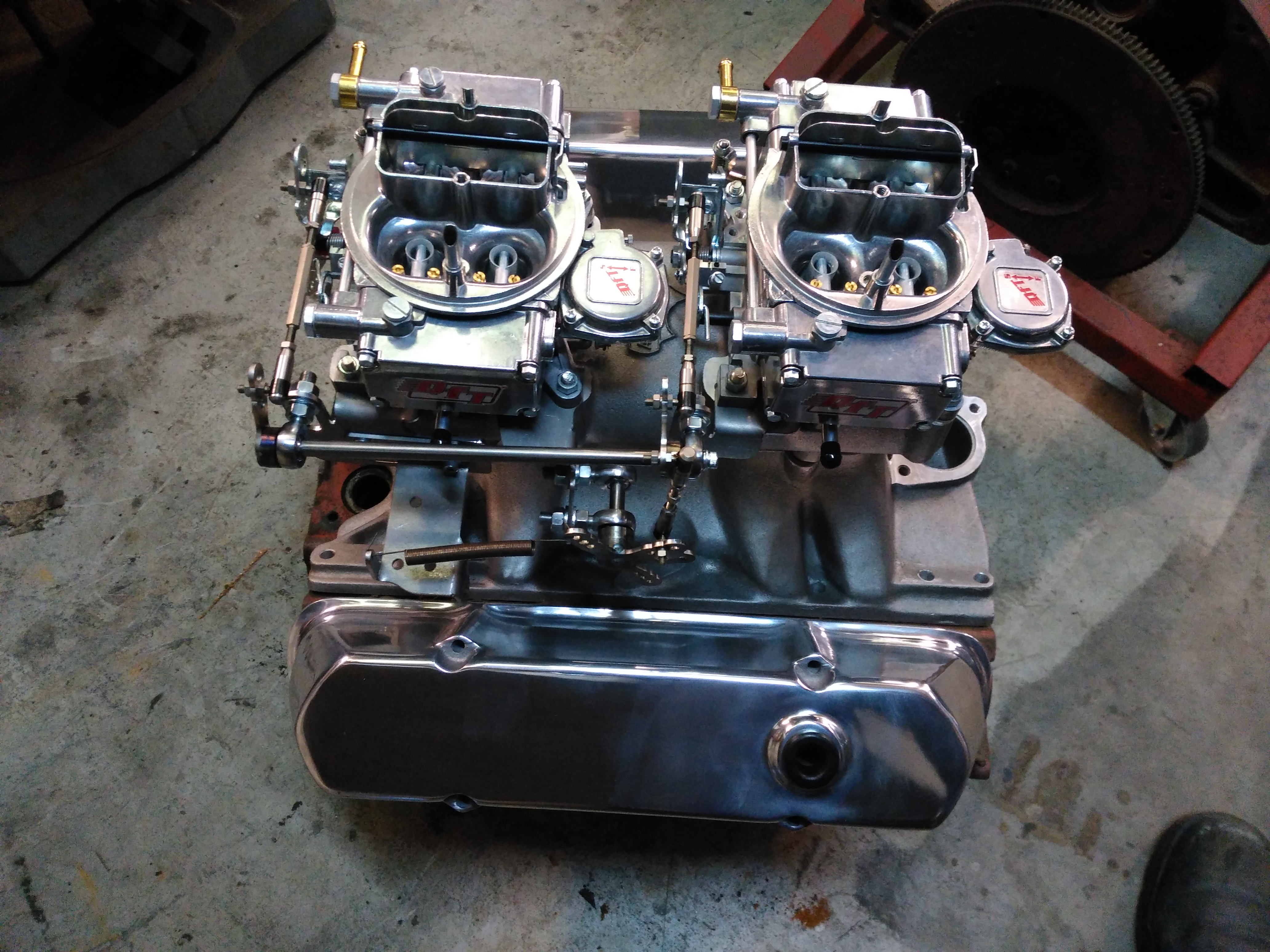 Carburettor linkage set up custom made to suit tunnel rams, superchargers, tripples.