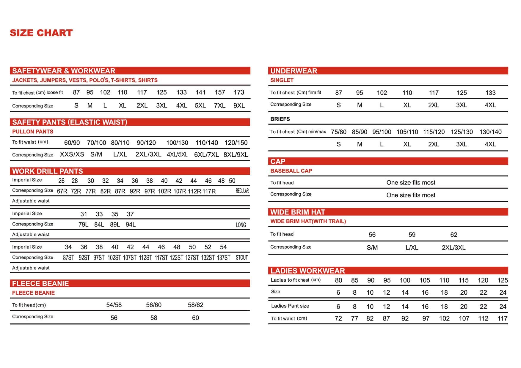 Xl Size Chart Australia